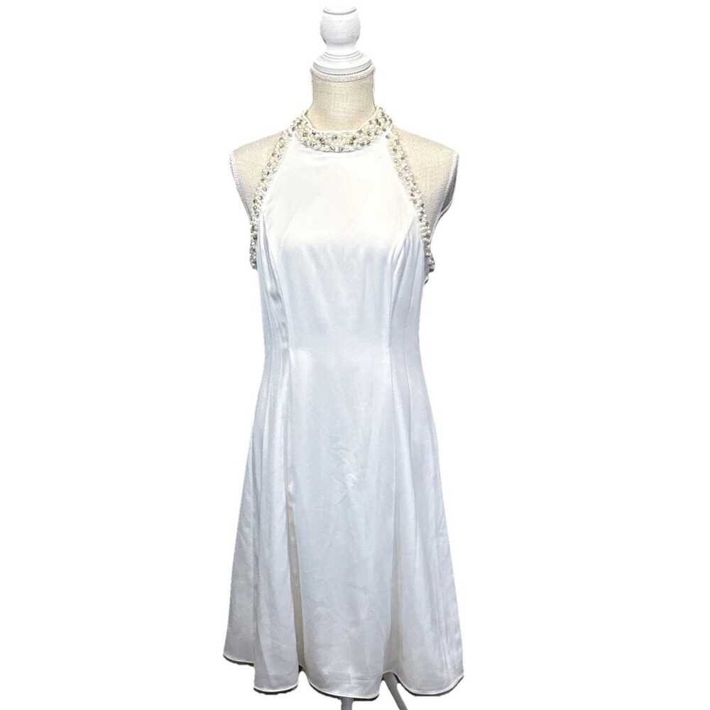 Adrianna Papell Ivory Beaded Rhinestone Halter Dress 8 NWT Cocktail